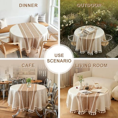 Laolitou Rustic Tablecloth Cotton Linen Waterproof Tablecloths Burlap Table Cloths for Kitchen Dining,Party,Holiday,Christmas,Buffet Coffee Lines, Round, 55", 2-4 Seats - color: Coffee Lines, size: 55" (Round)