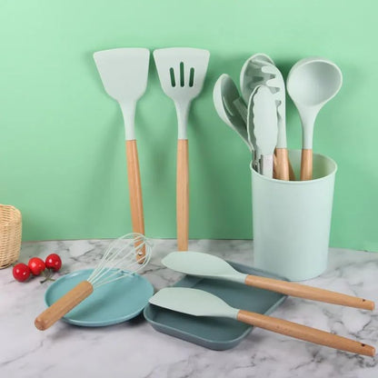 12-Piece Silicone Kitchen Utensil Set: Heat resistant up to 446°F. Includes Turner, Tongs, Spatula, Spoon, Brush, Whisk, Wooden Handles, Holder for Nonstick Cookware. (Light Green), Medium