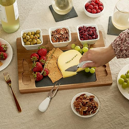 Twine Acacia & Slate Cheese Board Set - Charcuterie Board Bowls and Knives - Slate Cheese Tray Wood Cheese Board - 7-Piece Set of 1, Brown - style: Acacia & Slate Cheese Board