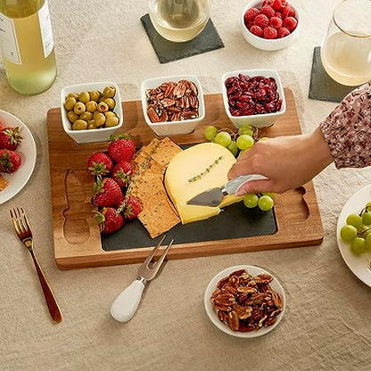 Twine Acacia & Slate Cheese Board Set - Charcuterie Board Bowls and Knives - Slate Cheese Tray Wood Cheese Board - 7-Piece Set of 1, Brown - style: Acacia & Slate Cheese Board