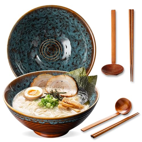 8 Inch Ceramic Ramen Bowl Set of 2, 40oz Japanese Bowls with Spoons & Chopsticks,Durable,Microwave & Dishwasher Safe,Perfect for Ramen,Pho,Salad,Soup,Noodles，Mixing bowls（Verdigris Green） - color: Verdigris Green