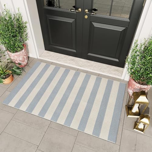 Outdoor Rugs 3'x5', Welcome Mat for Front Door Mat Outside Entrance | Washable Outdoor Area Rug Entryway Rugs Indoor Front Porch Rug Cotton Small Checkered Rug Carpet for Entry/Patio/Living Room - color: Muted Blue/Tan/White, size: 3' x 5' (Rectangular)