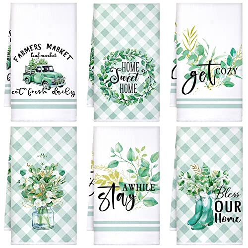 Boyiee 6Pcs Eucalyptus Green Kitchen Towels for Farmhouse Decor | absorbent Microfiber Tea Towels with Leaf Designs, for Bathroom & Wedding Gifts - color: Eucalyptus