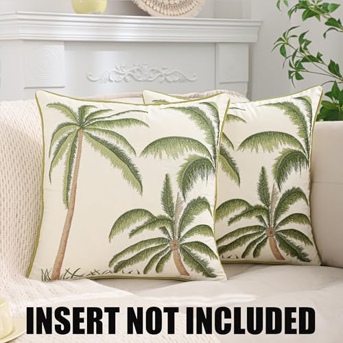 Green Palm Tree Throw Pillow Covers 18x18 Inch Set of 2 | Embroidery,Ocean-Themed,Durable Fabric,Boho Decorative,Hidden Zipper,Aesthetic Design,Ideal Gift,Easy Care - color: A-green Palm Tree