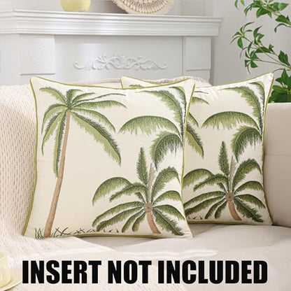 Green Palm Tree Throw Pillow Covers 18x18 Inch Set of 2 | Embroidery,Ocean-Themed,Durable Fabric,Boho Decorative,Hidden Zipper,Aesthetic Design,Ideal Gift,Easy Care - color: A-green Palm Tree
