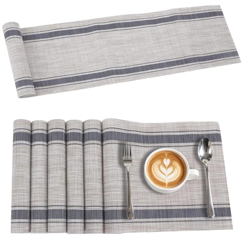 Washable 6 Table Mats Sets +1 tablecloths PVC Placemats Set(Blue) | Placemats Washable Easy Clean for Dining Table Heat-resistand for Family Dinner Kitchen Dining Table Decoration - color: Blue