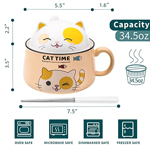 Ramen Bowl Set with Chopsticks, Cute Cat Instant Ramen Noodle Bowls with Lid, 34.5 OZ Extra Large Ceramic Soup Bowls with Handle, Japanese Ramen Cooker, Microwave safe (Yellow) - color: Yellow