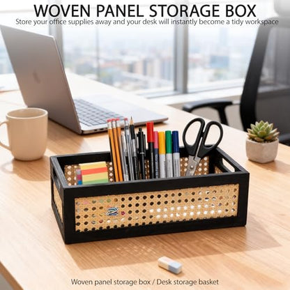 Wood Storage Basket, Small Rattan Storage Box with Handles for Bathroom Kithen Office Desk