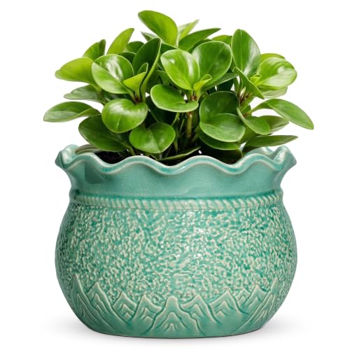 6 Inch Pots for Plants, Ceramic Plant Pot, Crack Lake Green | Indoor Planter with Drainage Hole, Unique Pots for Indoor Plants, Round Flower Pot, Living Room Decor, Garden Gifts Women - color: Crack Lake Green, size: 6 Inch