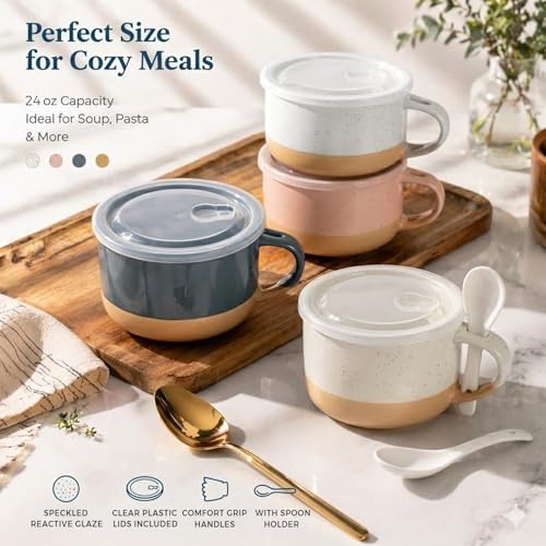 GBhome Ceramic Soup Mugs with Handles and Lids,24 OZ Soup Cups Set of 4 | Terracotta Underside,Mug Bowls with Spoon for Soup/Cereal/Salad/Noodles/Ramen/Microware &Dishwasher Safe - color: Multicolor-3