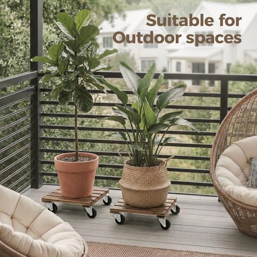 Bamworld Wood Plant Caddy with Wheels, 300lb Capacity, Heavy Duty Planter Stand with Wheels 12inch Plant Dolly 2 Pack Premium Quality, Ready to Use - size: 12inch-Square-2 pack