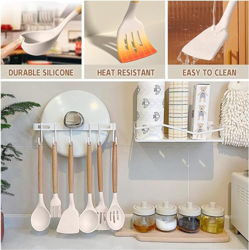 Umite Chef Kitchen Cooking Utensils Set, 33 pcs Non-Stick Silicone Cooking Kitchen Utensils Spatula Set with Holder, Wooden Handle Silicone Kitchen Gadgets Utensil Set (Khaki) - color: Khaki