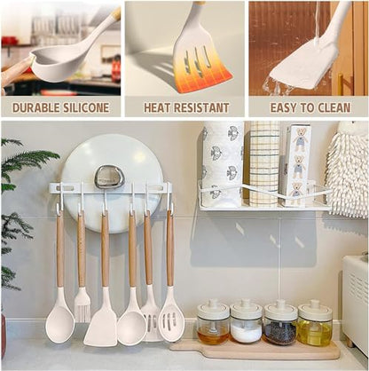 Umite Chef Kitchen Cooking Utensils Set, 33 pcs Non-Stick Silicone Cooking Kitchen Utensils Spatula Set with Holder, Wooden Handle Silicone Kitchen Gadgets Utensil Set (Khaki) - color: Khaki
