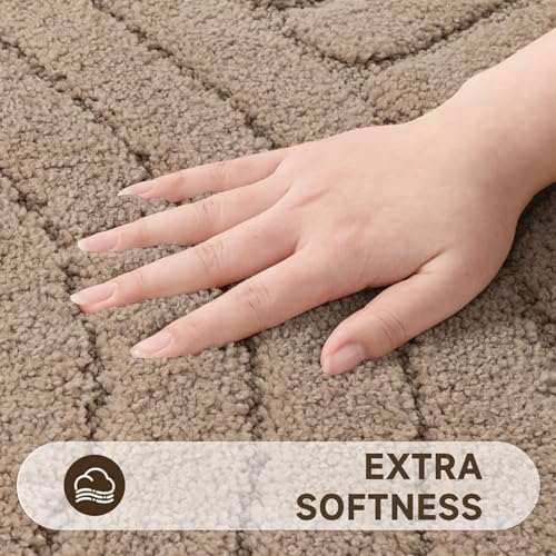 Pauwer Bathroom Rugs Sets 5 Piece, Absorbent Non Slip Bath Mat Set, Beige | Machine Washable, Microfiber Plush, Quick Dry Runner, U Shaped Contour Toilet Rugs, Shower Mats and Toilet Lid Cover - color: Beige