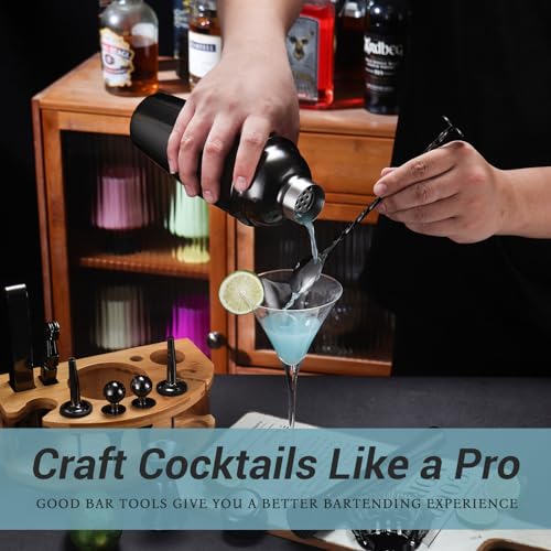 Cocktail Shaker Set Bartender Kit with Stand, 12 Piece Bar Set Drink Mixer Set with Stainless Steel Bar Accessories Tools: 25oz Martini Shaker Jigger Strainer Spoon Muddler for Cocktails (Black) - color: Black