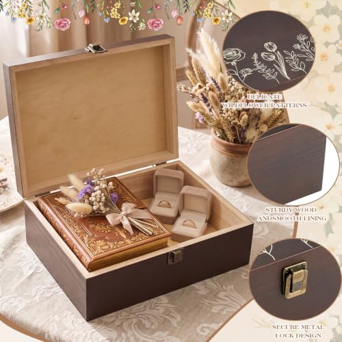 Marsui Wildflower Wooden Keepsake Box, 10.6 x 7.7 x 3.9 Inch Decorative Memory Box with Hinged Lid for Crafts Photos Letters Cards Jewelry Storage, Rustic Floral Gift Boxes for Women Wedding Birthday