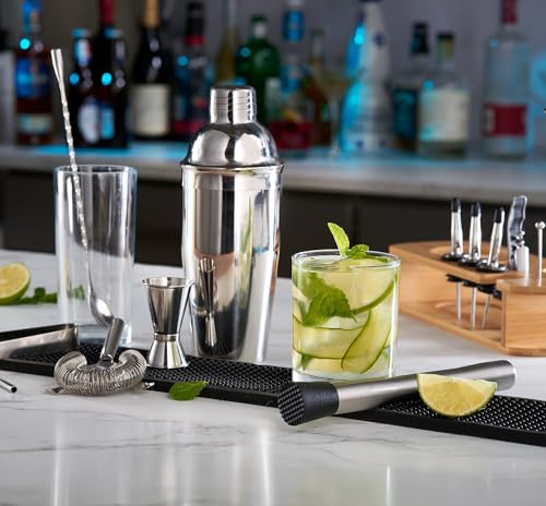 FineDine 17-Piece Stainless Steel Bar Set Cocktail Shaker Set Bartender Kit | Mixology kit, stainless steel bar tools, shaker tins, jigger, strainer, muddler, spoon, pourers, stand, home bartending