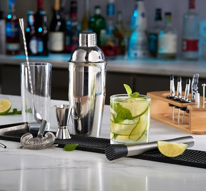 FineDine 17-Piece Stainless Steel Bar Set Cocktail Shaker Set Bartender Kit | Mixology kit, stainless steel bar tools, shaker tins, jigger, strainer, muddler, spoon, pourers, stand, home bartending
