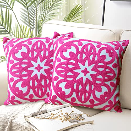 Alysheer Embroidered Decorative Throw Pillow Covers 18"x18" Set of 2 Pieces, Cozy Chic Boho Mandala Knit Pattern, Durable 100% Cotton Canvas Cushion Cases for Sofa Couch Living Room(Vivid Hot Pink) - color: Vivid Hot Pink, size: 18" x 18" (Pack of 2)