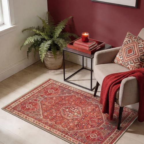 Keen Home Design Vintage Washable Entryway Rug, Non-Slip Low Pile, 2x3 | Machine Washable Cotton Chenille, 0.25In Low Pile, Rubber Non-Slip Back; Kitchen, Entryway, Bathroom, Bedside - color: Red/Brown, size: 2' x 3' (Rectangular)