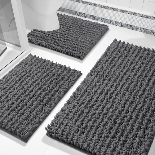 Yimobra Bathroom Rug Set 3 Piece - Super Absorbent Quick Dry Chenille Bath Mats & Toilet Rug, Non Slip Machine Washable, Extra Thick Shaggy Floor Mat for Shower Tub Sink, Dark Gray - color: Dark Gray, size: 24"x20" + 30"x20"+ 44"x24"