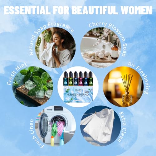 Housekeeping Essential Oils Set for Diffuser,Pure Aromatherapy Oil for Diffuser,Candle Making,Natural Soap Scent,Cherry Blossom Soap,Fresh Mint,Fresh Linen,Air Freshener,Extra Clean - color: Sky Blue