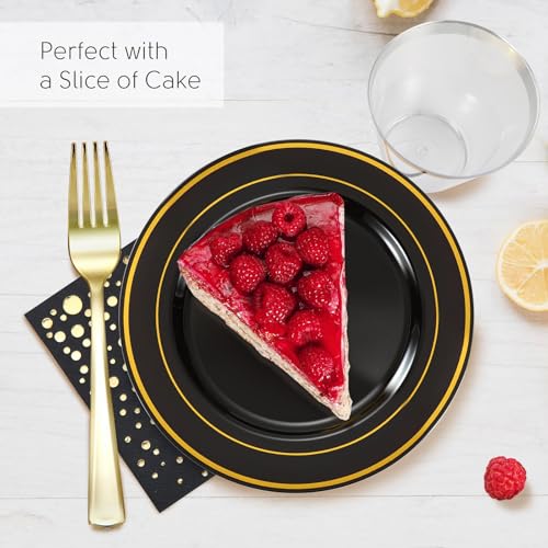 Black and Gold Dessert Plates Set, 100 Plates, Cups, Forks and Napkins | Sturdy plastic, cake service, appetizer tables, salad course, weddings, graduations, easy cleanup - color: Black, style: Plates,Forks,Napkins and Cups