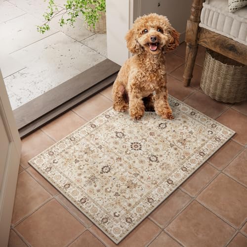 Washable Small Area Rugs for Entryway: 2x3 Door Mat Indoor Entrance | Boho Rug,Vintage Distress,Non-Slip,Low Pile,Soft,Throw,Carpet,Bathroom,Kitchen,Hallway,Nursery,Bedroom,Farmhouse Decor - color: Brown/Yellow/Multi, size: 2' x 3' (Rectangular)