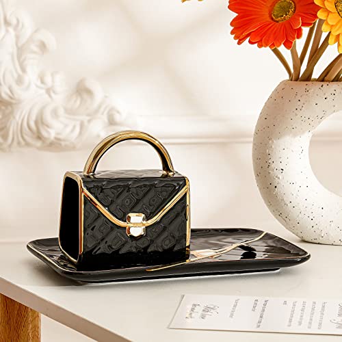 Zubebe 1 Set Coffee Mug Elegant Handbag Shaped Cup Modern Ceramic Purse Mug with Spoon and Saucer, 10oz Cute Creative Tea Cup for Woman Girls Gift (Black) - color: Black