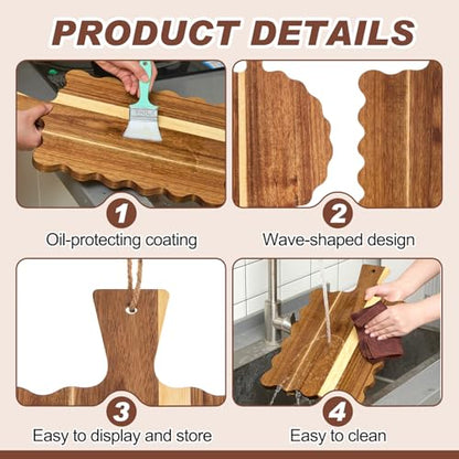 Novabright 3 Pcs Acacia Wood Scalloped Cutting and Chopping Board Decorative Cutting Boards for Kitchen Wooden Charcuterie Serving Tray for Cheese Meat Fruit Bread Baking(Handle Wavy) - style: Handle Wavy