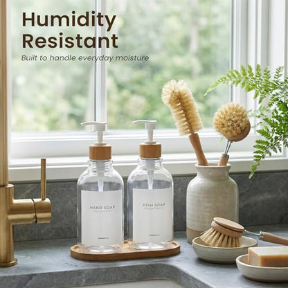 MaisoNovo Hand and Dish Soap Dispenser for Kitchen Set of 2-16.9oz Clear Dish and Hand Soap Dispenser Set for Kitchen - Clear Plastic Bottles x 2 with White Bamboo Pumps & Tray - color: Plastic Clear Bottles/White Bamboo Pumps