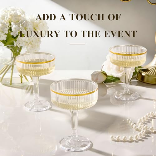 Goodluck 4-Tier Champagne Tower Glass - 20PCS 7oz Champagne Flutes Gold Rim | Plastic Coupe Glasses with Vertical Stripes for Weddings, Celebrations, Parties & Birthdays - color: Clear Gold Rim