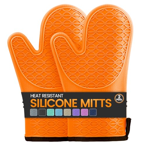 Silicone Oven Mitts, Heat Resistant 2PCS Oven Mitts with Soft Cotton Lining, Waterproof Non-Slip Grip Oven Glove, Kitchen Potholder Mits for BBQ, Baking, Cooking, 12.5 Inch - Orange - color: Orange