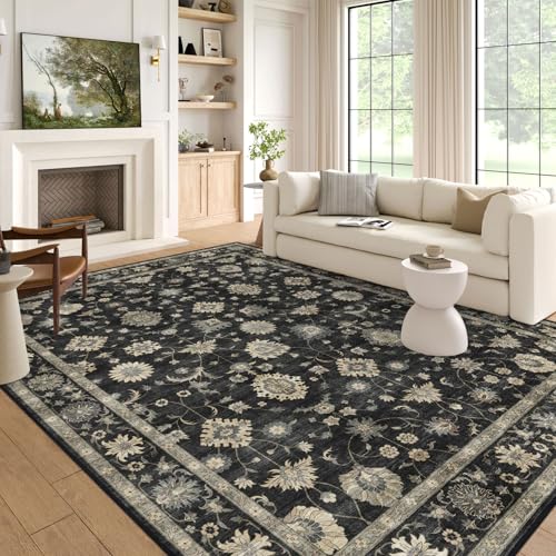 LUXRUG Washable Area Rug 5x8 - Charcoal Black Beige Floral Living Room Rug | Soft Boho Bedroom Rug Ultra-Thin Traditional Vintage Farmhouse Dining Room Rugs for Under Table Indoor Carpet for Living Room - color: Charcoal Black, size: 5' x 8' (Rectangular)