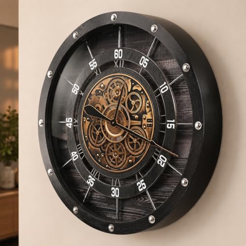 HOIBAI 30" Large Wall Clock,Black | Hollow Skeleton Design with Metal Spokes/Moving Gears/Industrial Steampunk/Battery Operated/Silent Decor for Living Room - color: Black a, size: 30 Inch