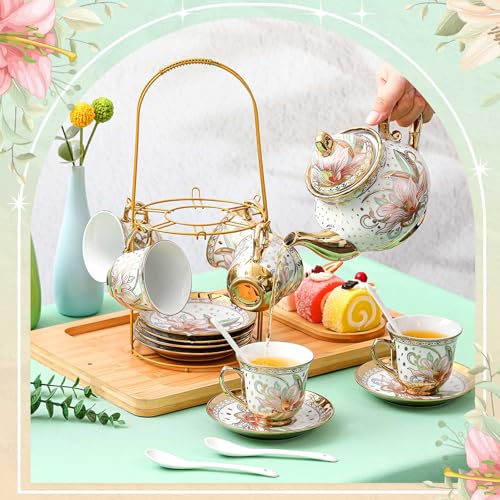 Zhehao 20 Pcs Porcelain Tea Set with Metal Holder and Spoon Adult Ceramic Tea Set European Flower Painting Teapot Cup Saucer Spoon for Women Mom Gift, Large Version (Traditional Style) - color: Traditional Style