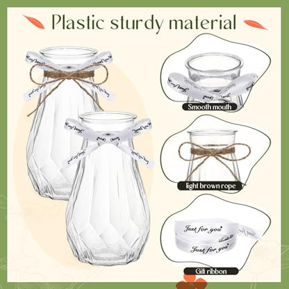 Set of 12 Pcs Small Plastic Bud Vases in Bulk with Gift Wrapping Ribbon, Vases for Flower, Wedding Centerpieces for Home Decor, Living Room, Office Decoration, Housewarming Party Gift (Clear)
