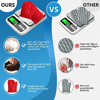 Oven Mitts and Pot Holders 4 pcs Set,High Heat Resistant 500 Degree Extra Thicken Long Kitchen Cotton Oven Glove for Cooking (12 Inch,Red) - color: Cotton-red
