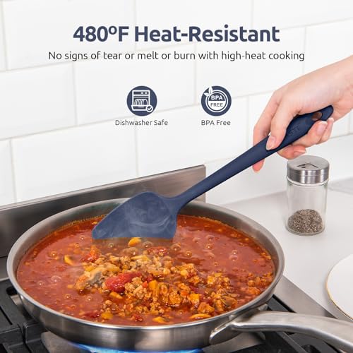 U-Taste 480ºF Heat Resistant Food Grade Silicone Spoon Spatula Set of 3, and 600℉ Heat-Resistant Food-Grade Non-Stick Firm Cooking Tong Set of 2 (Midnight Blue)