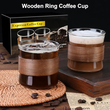PARACITY Espresso Cups Set of 2 with Wooden Ring, 8 OZ High Borosilicate Espresso Shot Glass, Clear Small Expresso Shots Cup, Espresso Accessories | Clear borosilicate cup set -20°C to 150°C; wood bands limit heat transfer on the espresso shot glasses - s