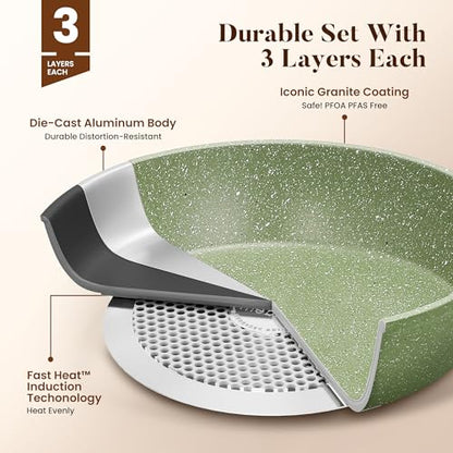 Kitchen Academy 17Pcs Green Induction Cookware Set, Nonstick Pots and Pans | Sage Green Granite Coating, Healthy Non Toxic Kitchen Cooking Pans and Pots Set Non Stick - color: Green, size: 17 PCS Cookware Set