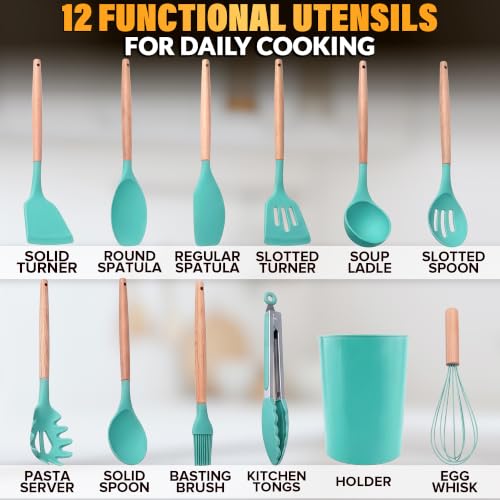 12 Pcs Cooking Kitchen Accessories Set with Holder, Silicone Heads (Teal) | Teal Kitchen Utensils Set for Cooking and Baking; Wooden Handles; Heat-Resistant up to 446°F; Non-Scratch for Nonstick Pans - color: Teal