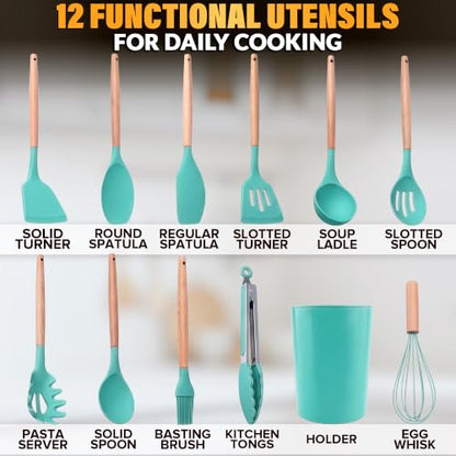Teal Kitchen Utensils Set with Holder, 12 Pcs, Wooden Handle | BBQ Cooking Utensils that Bake, Serve, Mix & Flip; Silicone Heads Stay Non-Scratch on Nonstick Pots & Pans; Housewarming Gift - color: Teal