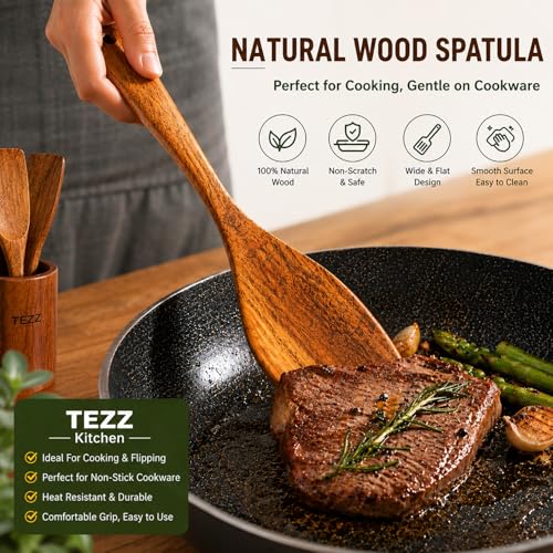 Premium 5 pcs Wooden Spoons For Cooking, Wood kitchen Spatula Utensils set | Acacia Wood Utensil set With Soup Ladle and Wok Spatula, Salad fork for Non-stick Skillet