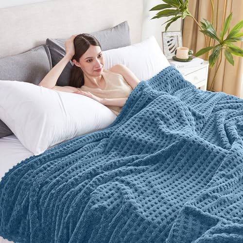 Soft Cozy Fuzzy Fleece Queen Size Blanket, Waffle Slate Blue, 90x90 Inches – Lightweight, Fluffy, and Warm 3D Jacquard All-Season Blanket for Bed, Couch, Sofa, Camping, and Travel - color: Waffle Slate Blue, size: Queen (90" x 90")