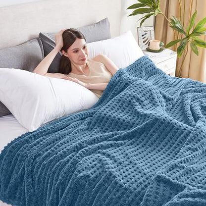Soft Cozy Fuzzy Fleece Queen Size Blanket, Waffle Slate Blue, 90x90 Inches – Lightweight, Fluffy, and Warm 3D Jacquard All-Season Blanket for Bed, Couch, Sofa, Camping, and Travel - color: Waffle Slate Blue, size: Queen (90" x 90")