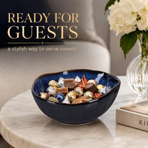 8" Blue Ceramic Decorative Bowl, Ceramic Fruit Bowl, Key Bowl for Entryway Table, Candy Dishes, Fruit Bowl for Kitchen Counter, Blue Small Jewelry Trinket Dish for Bedroom, Bedside Table, Living Room - size: 8in
