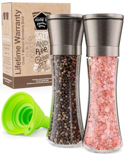 Home EC Original Gun Metal Bronze Salt and Pepper Grinder Set of 2 - Adjustable Ceramic Grinder - Tall Glass Salt and Pepper Shakers With Funnel and Ebook - Spice Mill - Bronze Kitchen Accessories - color: Gunmetal Bronze Top/Clear Glass, size: 2pk