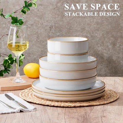 E-far Stoneware Pasta Bowls Set of 4, 35oz Double Reactive Glaze | Wide & Shallow Ceramic Pasta Plates for Serving Salad Soup Dinner, Dishwasher & Microwave Safe, Seashell White - color: Seashell White