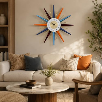 Large Wall Clock 22 Inch, Mid Century Wall Clock Starburst Clock, Retro 3D Metal Decorative Clock Non Ticking Battery Operated for Living Room, Bedroom, Kitchen, Gold